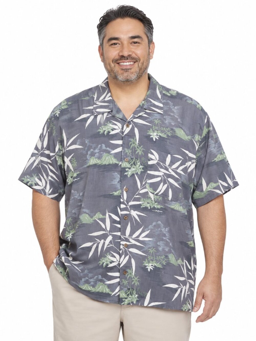 Danielle Men's Linen Blend Gray Hawaiian Island Aloha Button Front Shirt